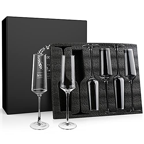 Set of 6 Hand Blown Crystal Champagne Flutes - 8oz Elegant Stemware Gift