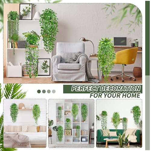 4 Pack Artificial Hanging Plants with Pots, UV Resistant Faux Greenery Set