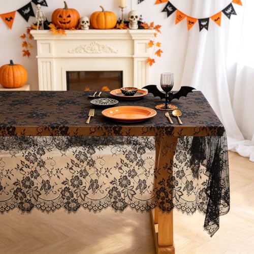 QueenDream Black Lace Tablecloth 10FT Rectangle Wedding Overlay 2 Pack - Floral Vintage Fabric for Events & Halloween