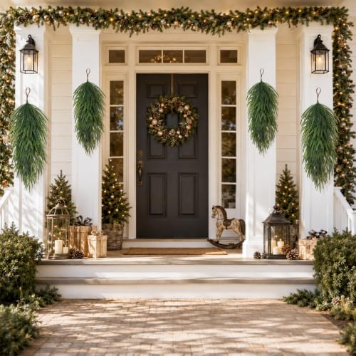 SpringTalk 30in Artificial Teardrop Swags, 4-Pack Norfolk Pine Wreaths for Front Door (Fresh Green)