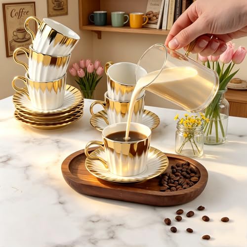Hebaogugu Gold Trim Espresso Cup Set of 6 3.5 OZ Ceramic Turkish Coffee Cups with Saucers - 01/100ml