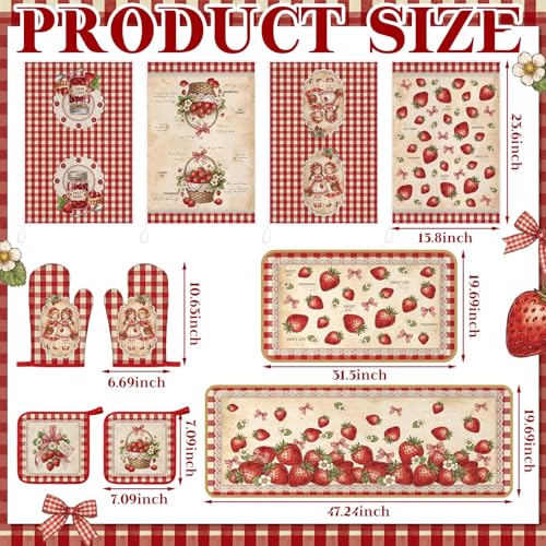 10-Piece Rustic Strawberry Kitchen Decor Set with Towels, Rugs, and Mitts