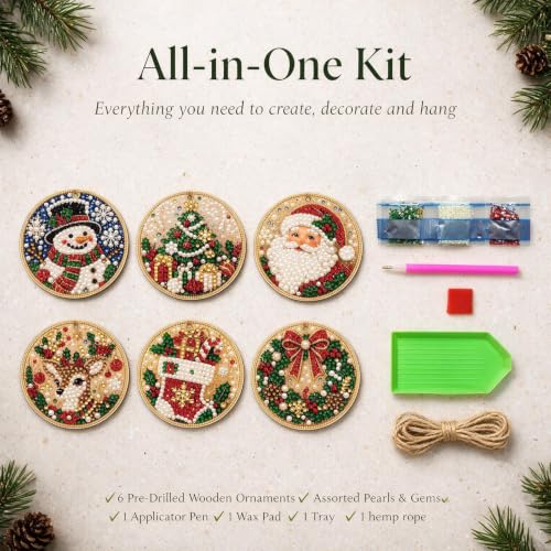 DIY Pearl Diamond Art Ornaments Set - 6 Wooden Holiday Decorations with Pearls & Gems
