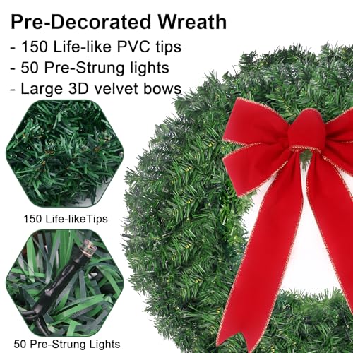 24-Inch Pre-Lit Christmas Wreath with Remote, 50 LED Lights & Red Bow
