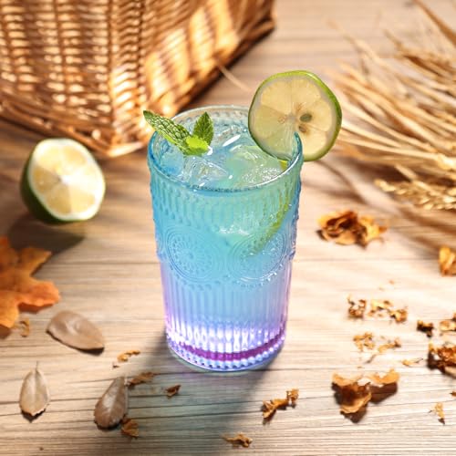 Loivttvv Lavender Dream 6pcs Vintage Ribbed Glass Drinking Set, 12 oz Cocktail & Water Glasses