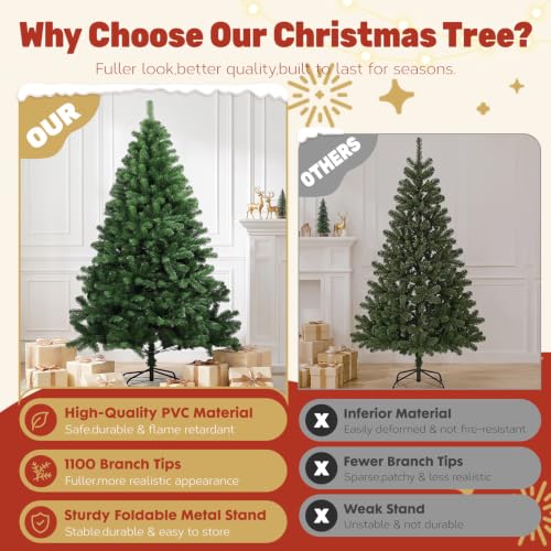 COMHOMA 6 ft Unlit artificial Christmas Tree with PE & PVC Tips – Green with Champagne Gold Ribbon