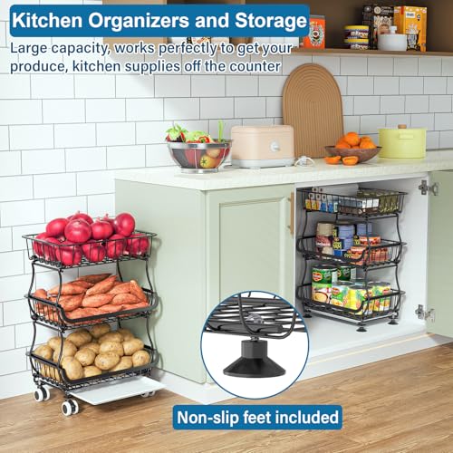 3-Tier Rolling Pantry Storage Cart with Wheels & Slide-Out Tray