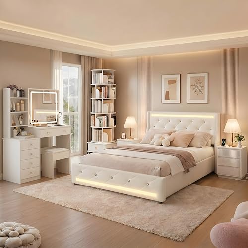 5-Piece Queen Bedroom Furniture Set with LED Bed, Vanity and Bookshelf