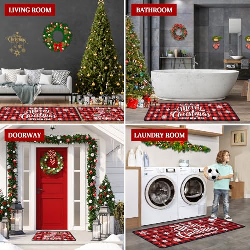 Voanos Christmas Buffalo Plaid Kitchen Rugs Set - Red Truck Holiday Decor, 17x30 & 17x47 Rectangular Variations
