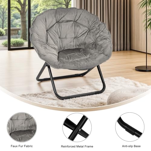 Foldable Faux Fur Saucer Chair - Comfortable Moon Chair for Dorm & Bedroom