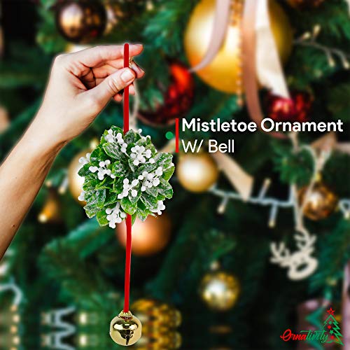 Hanging Mistletoe Kissing Ball Ornament with Bell - 10-Inch Christmas Decor