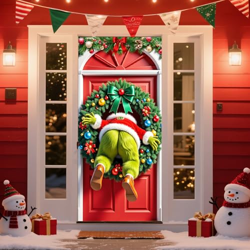 Hehegoo Red Green Christmas Door Cover Banner, 72.8x35.4 Inch Holiday Decor