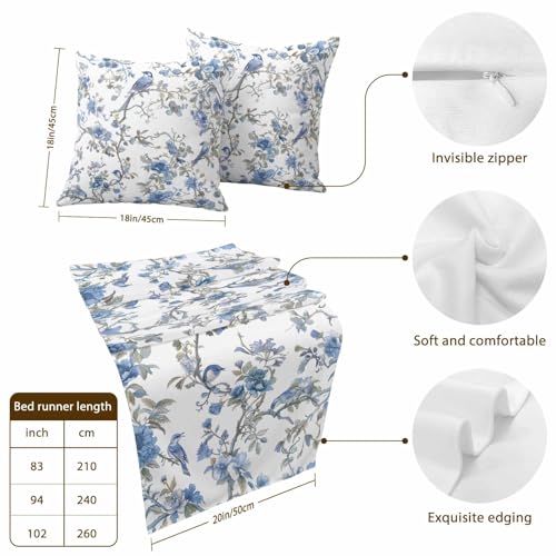 Birchloom Blue Floral Birds King Bed Runner Set with 2 Pillow Covers