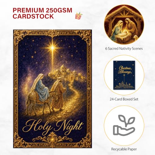 Religious Christmas Cards Set, 24-Pack with Envelopes & Seals – Nativity Scenes