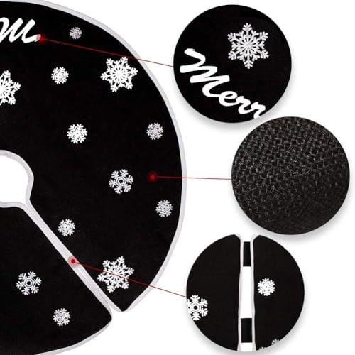 30-Inch Rustic Black Burlap Christmas Tree Skirt with Snowflakes