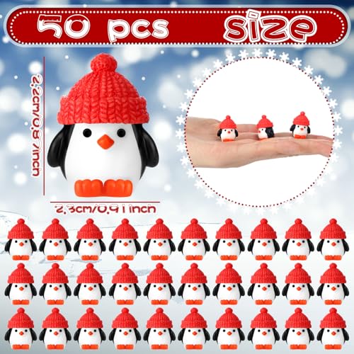 Soulchen 50 Pcs Mini Penguin Figurines with Red Hats for Christmas Decor, Resin Holiday Ornaments