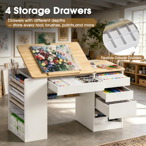 Adjustable Drafting Table with Storage Shelves & Built-In Charging Station