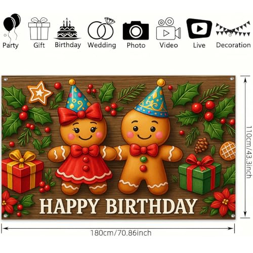 HOMETITUTE Gingerbread Happy Birthday Backdrop Banner 71x43 Inch - Rustic Holiday Party Decor, Pattern*2