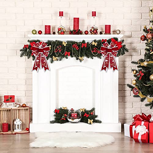 Threetols 2pcs Christmas Wreath Bows – Red Velvet Rustic Farmhouse Deer Glitter Front Door Tree Decoration (Variation: Tree)