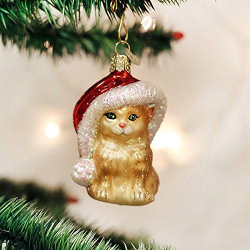 Handcrafted Glass Kitten in Santa Hat Christmas Tree Ornament