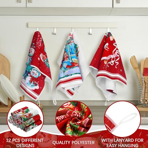 Christmas Kitchen Towels Set - 12 Holiday Dish Towels with Festive Design