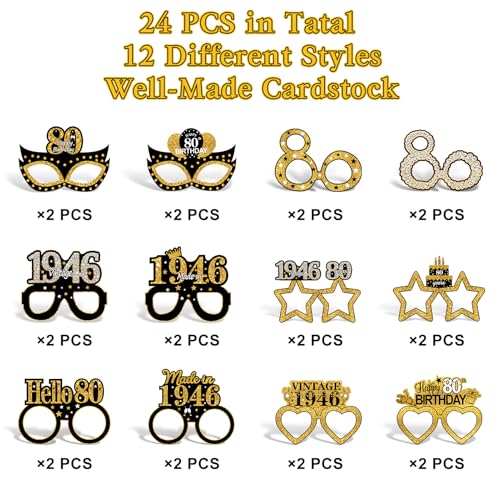 24Pcs 80th Birthday Paper Glasses - Black Gold Party Photo Booth Props