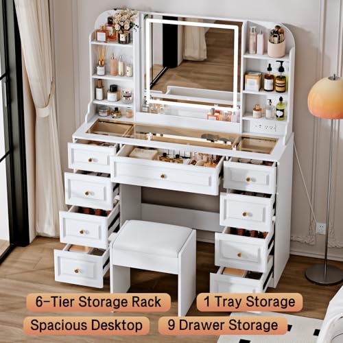 43-Inch Makeup Vanity Desk with LED Mirror, Power Station and 9 Drawers