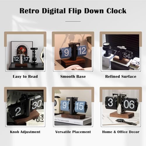Retro Digital Flip Down Clock with Walnut Base - Mechanical Desk Clock