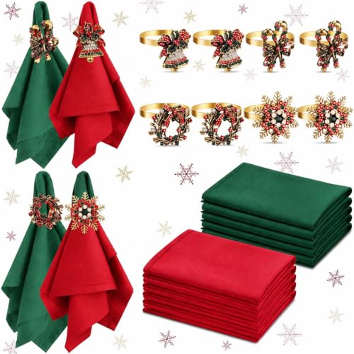 Retro Style Christmas Napkins and Rings Set - 16 Pcs Polyester Holiday Table Decor