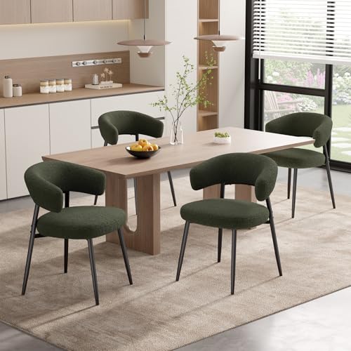 Set of 4 Boucle Upholstered Dining Chairs with Curved Backrest and Metal Legs