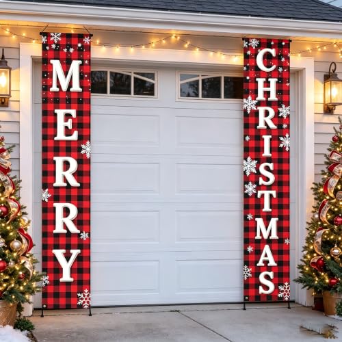 ChunRun Red Buffalo Plaid Christmas Porch Banner Set (2) 71" x 12" - Merry Christmas Outdoor Decor, Front Door & Yard