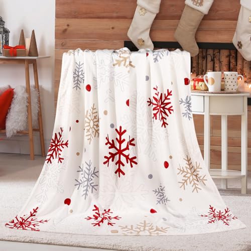 Christmas Snowflake Fleece Throw Blanket 50" x 60" - Red/Gold Snowflake decorative cozy