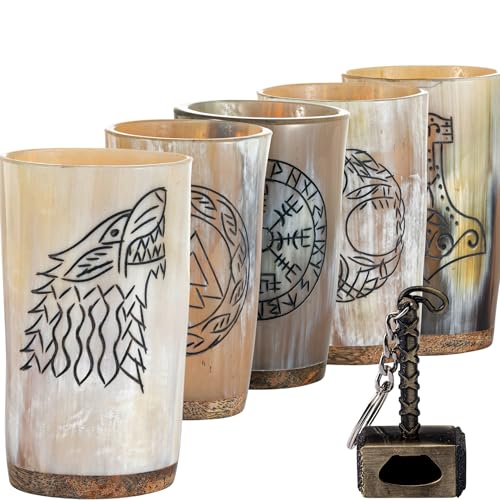 Viking Drinking Horn Mug Set of 5 with Thor Bottle Opener, 10 oz