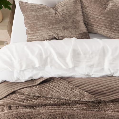 EverGrace Velvet Quilt Set King Size, Mocha Brown Channel Bedding