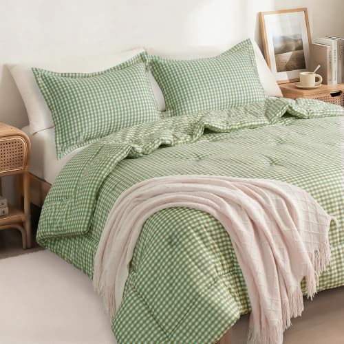 King Comforter Set Green Gingham Plaid - 3-Piece Soft Farmhouse Bedding