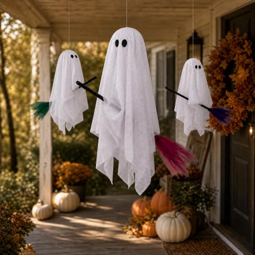 3-Pack Light-Up Hanging Halloween Ghosts on Brooms - Yard & Porch Decor
