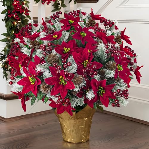 Deep Red Artificial Poinsettia Flowers Christmas Decoration 12 Pack - Velvet Faux Bouquets for Holiday & Indoor Decor