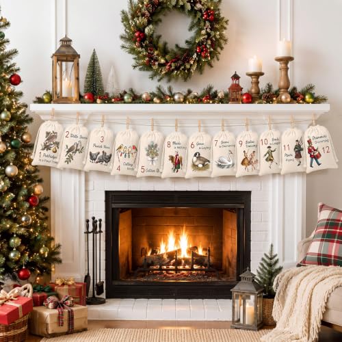 12 Pcs Christmas Countdown Advent Calendar Bags with Vintage Design & Setup Kit
