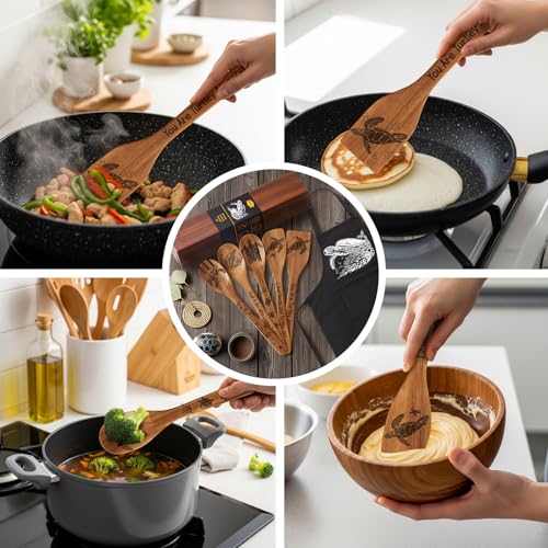 Remerry Sea Turtle Kitchen Gift Set with Acacia Wood Utensils & Apron, Christmas & Mother's Day Gift