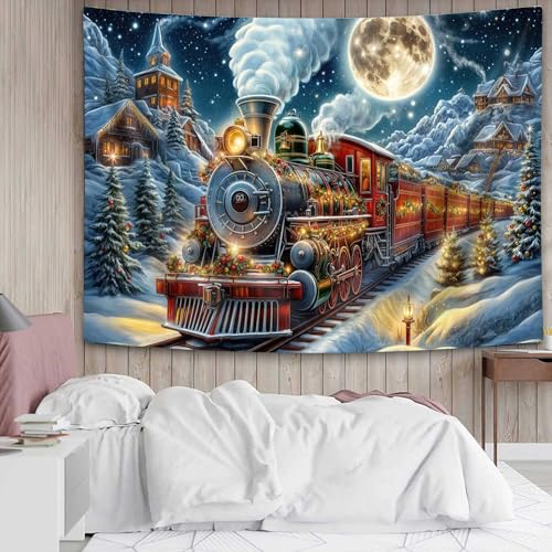 DYNH Christmas Steam Train Tapestry 60x40 Inches Snow Moon Mountain Cabin Railway Wall Hanging for Kids Bedroom & Living Room Decor
