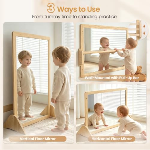 Montessori Baby Mirror with Adjustable Pull Up Bar, 38.2 x 23.6 Inch