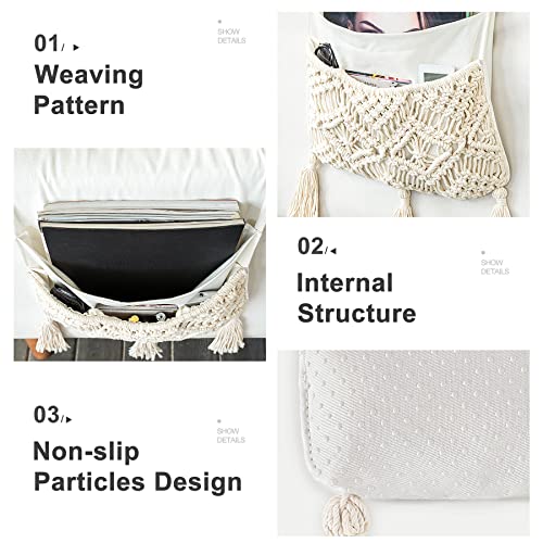 Macrame Armchair Caddy, Boho Couch Armrest Organizer with 4 Pockets