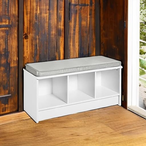 3-Cube Storage Bench with Gray Cushion, White Laminate Entryway Organizer