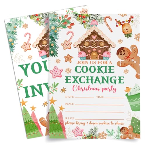 Weifuju M4 Christmas Party Invitations for Girl, Cookies Exchange, Pink Xmas Invite Cards, 20 with Envelopes