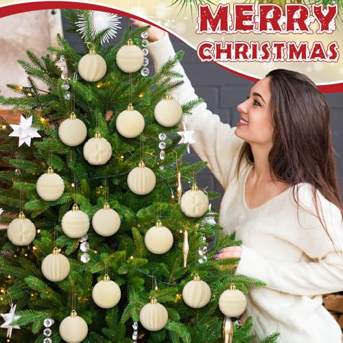 Menkxi 30 Pcs Cream White Velvet Christmas Ornaments, 2 Inch Flocked Balls – 6 Styles, Gold Hanging Cord