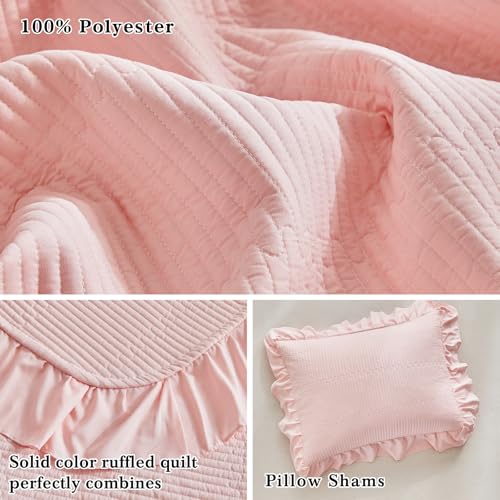 Pink Ruffled Quilt Set, Twin Size Lightweight Farmhouse Bedspread with Sham