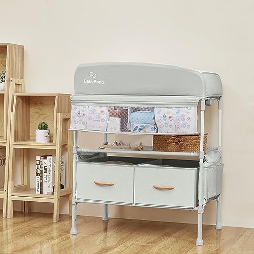 Foldable Baby Changing Table with Lockable Wheels & Storage Baskets (Beige)