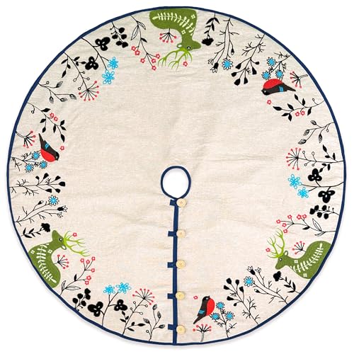 Starry Dynamo 60-Inch Woodland Creatures Embroidered Christmas Tree Skirt, Linen Texture
