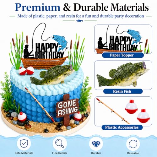 17-Piece Gone Fishing Cake Topper Set for Fisherman Birthday Parties