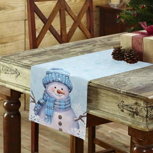 Yukro Light Blue Christmas Snowman Table Runner 13x90 Inch Winter Decor